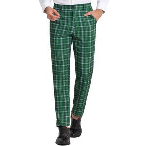 Dark Green Plaid Dress Pants Flat Front Business Trousers Checked Suit Pants